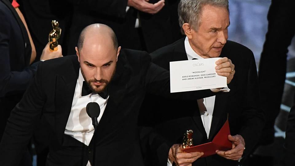 facebook.comJordan Horowitz, producer of “La La Land,” holds up the card revealing “Moonlight” as Best Picture.