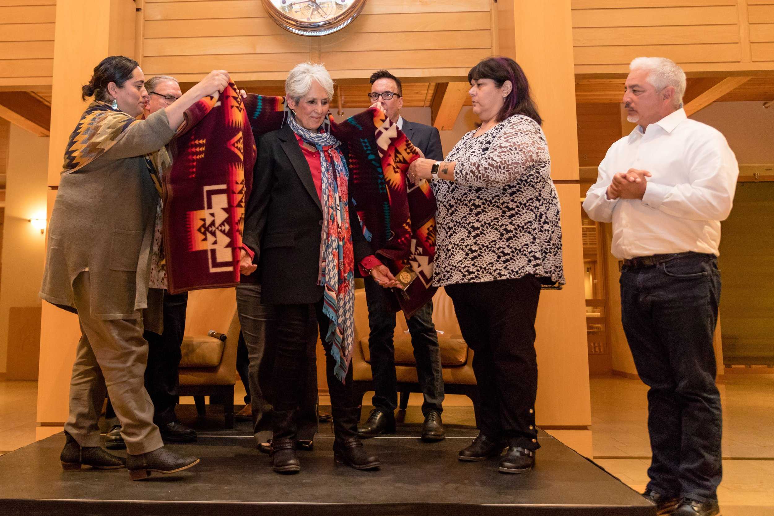 Tribal Council members of the Federated Indians of Graton Rancheria honor Joan Baez and her work on April 15 at the Green Music Center.&nbsp;