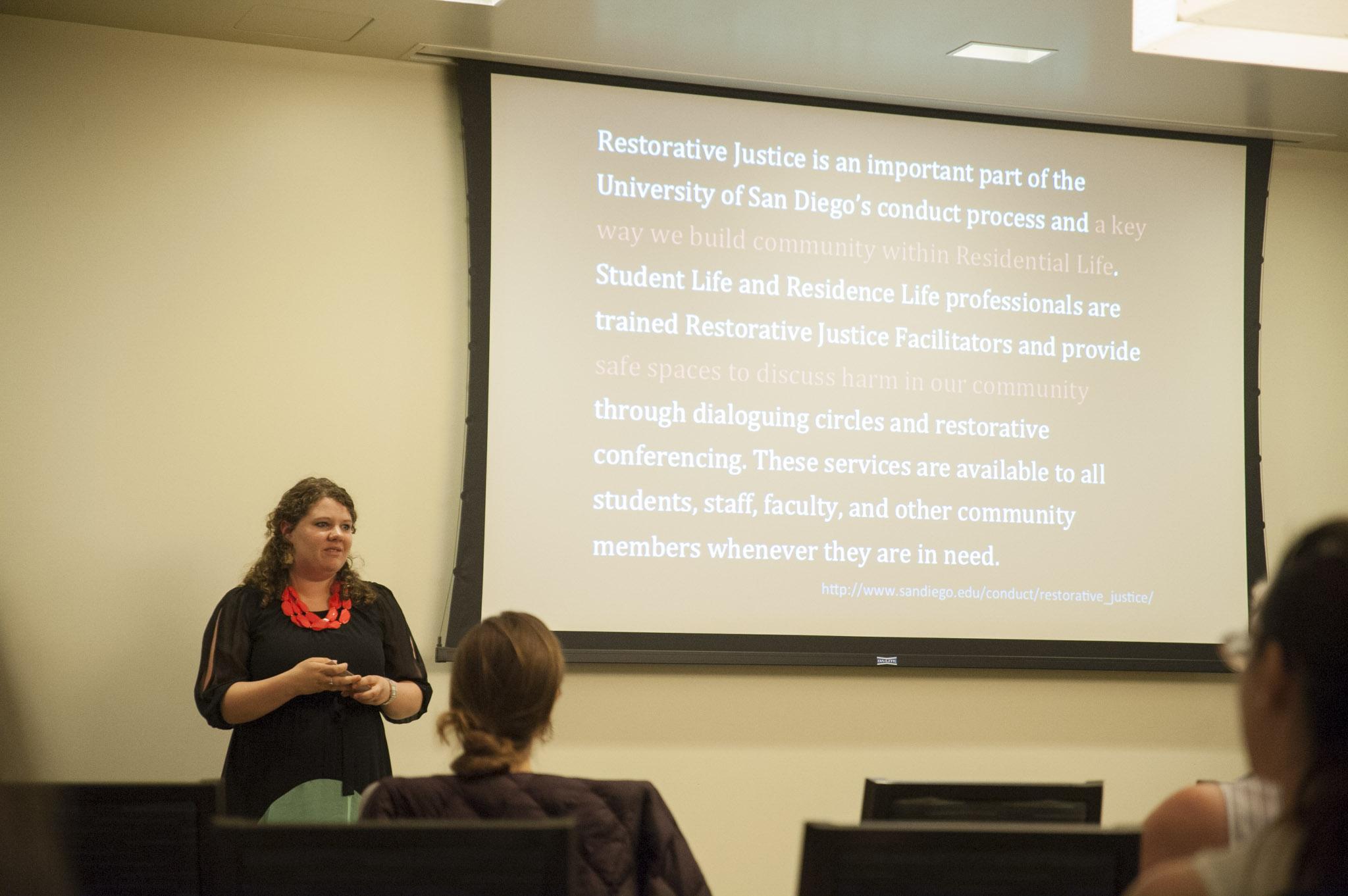 STAR // Connor GibsonStudent Lauren Dillier presents a psychology’s class plan to implement Restorative Justice on campus.