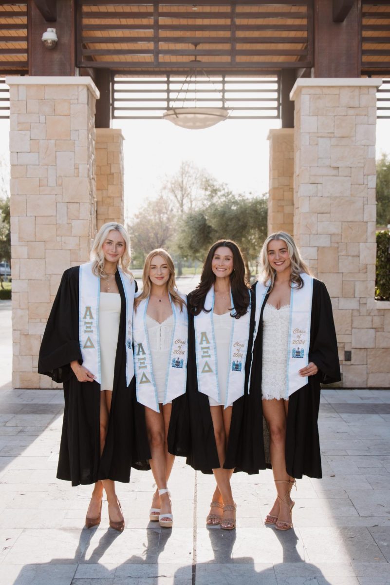 A group of Alpha Xi Deltas seniors in front of the Green Music Center