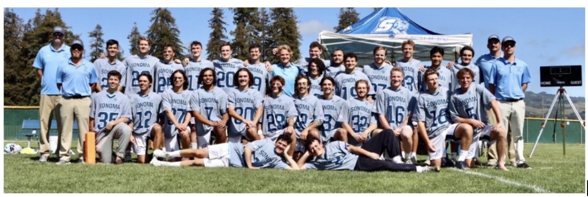 The team poses for a picture after beating Nevada to push themselves into the playoff picture. 
Courtesy | Sonoma State Lacrosse