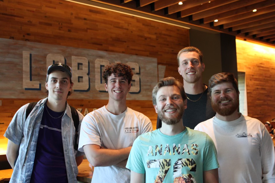 Arthur Jones, fourth-year statistics major, Juan Maggi, fourth-year statistics major, Matt Pitchford, fourth-year math education major, Pierce Rexford, fourth-year statistics major, and Brandon Keck, fourth-year statistics major. Lobo’s restaurant is their favorite place to go on campus to enjoy each others company and good food.
