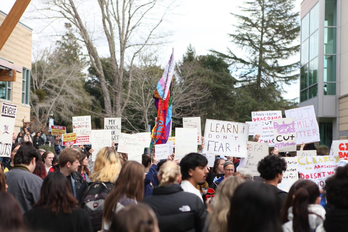 The Sonoma State community protested in the Seawolf Plaza as the Town Hall meeting was held virtually.