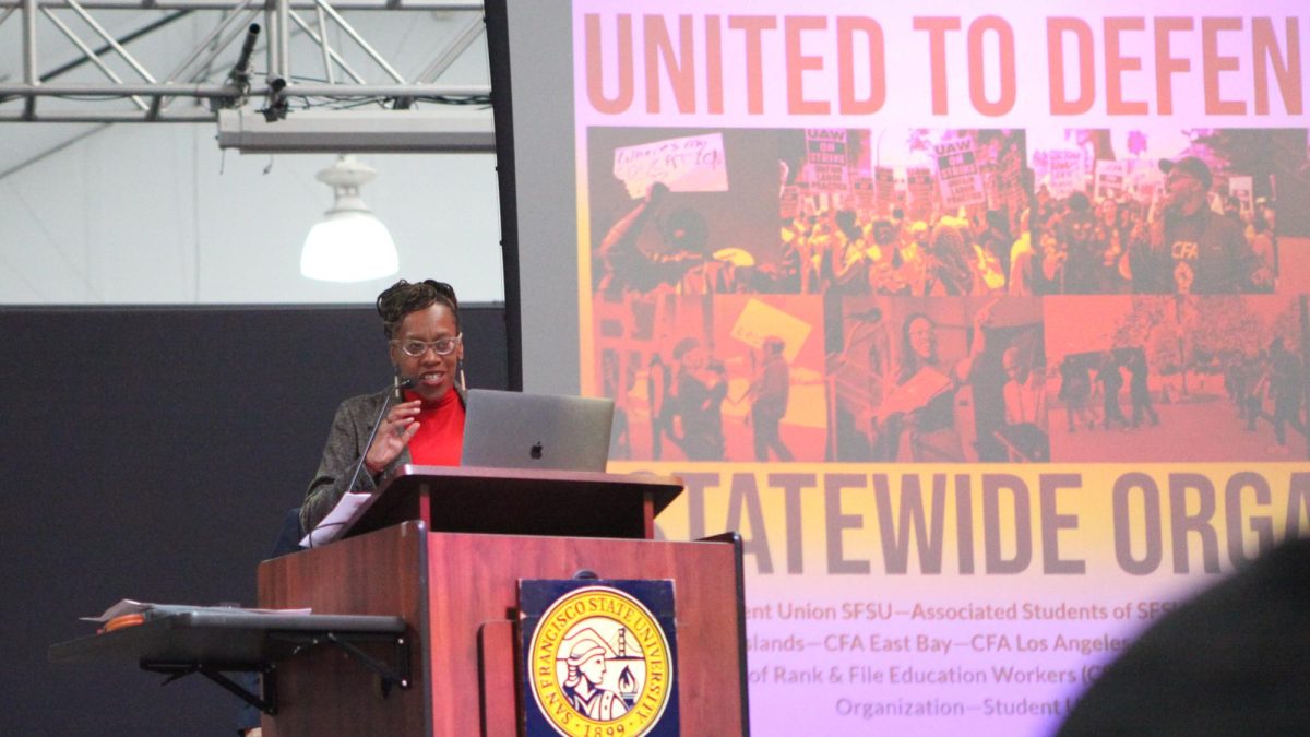 US Rep. Lateefah Simon speaks at the CFA statewide organizing conference on Feb. 22 at San Fransisco State.