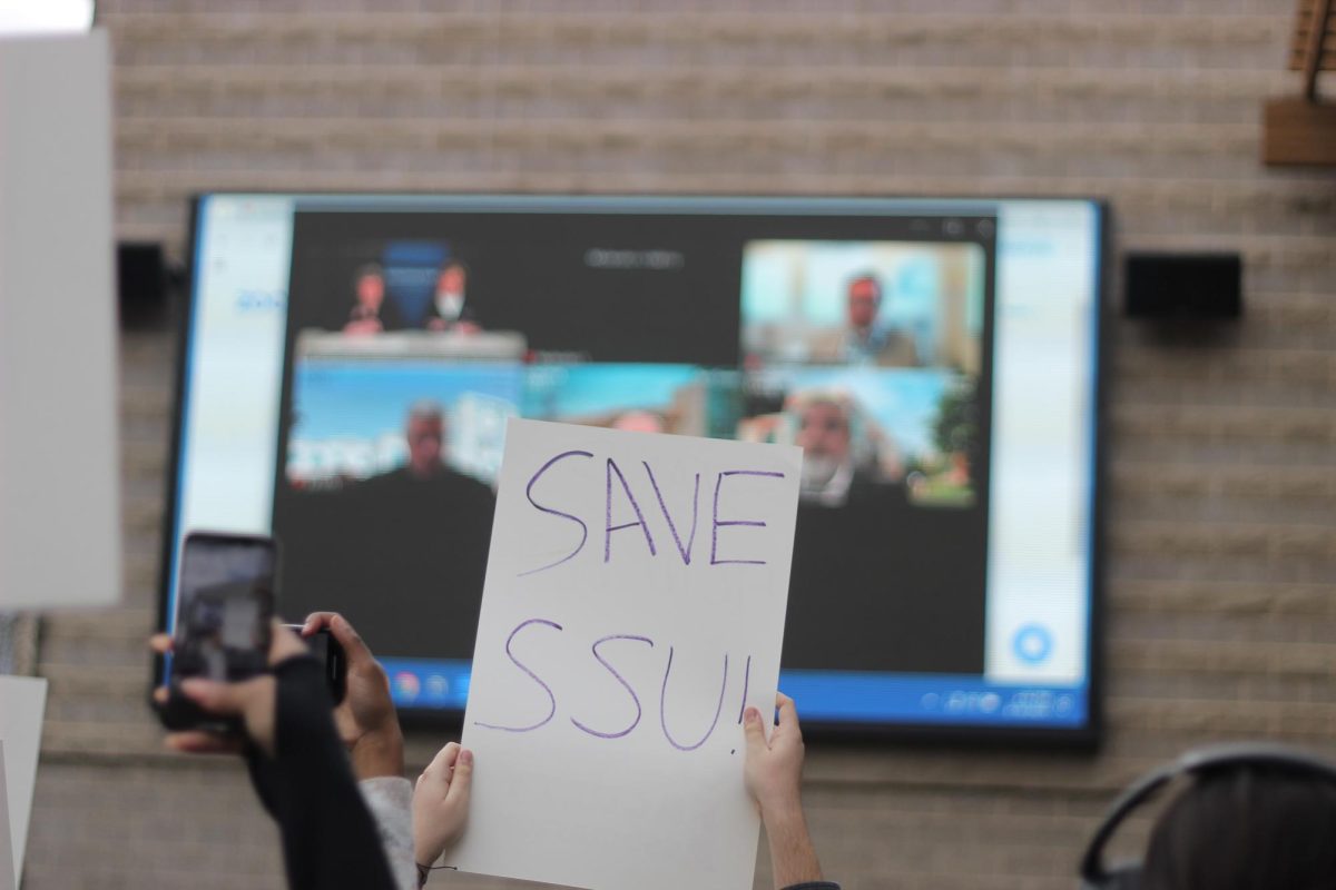 The Sonoma State community protested in the Seawolf Plaza at the Jan. 30 virtual town hall meeting.