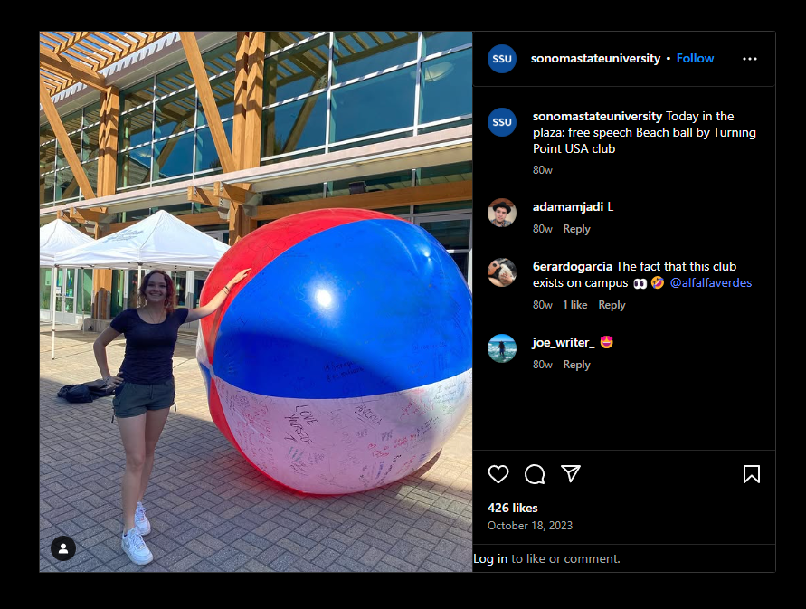 A screenshot from Sonoma State University's Official Instagram account highlighting TPUSA's "Free Speech" Ball in October of 2023