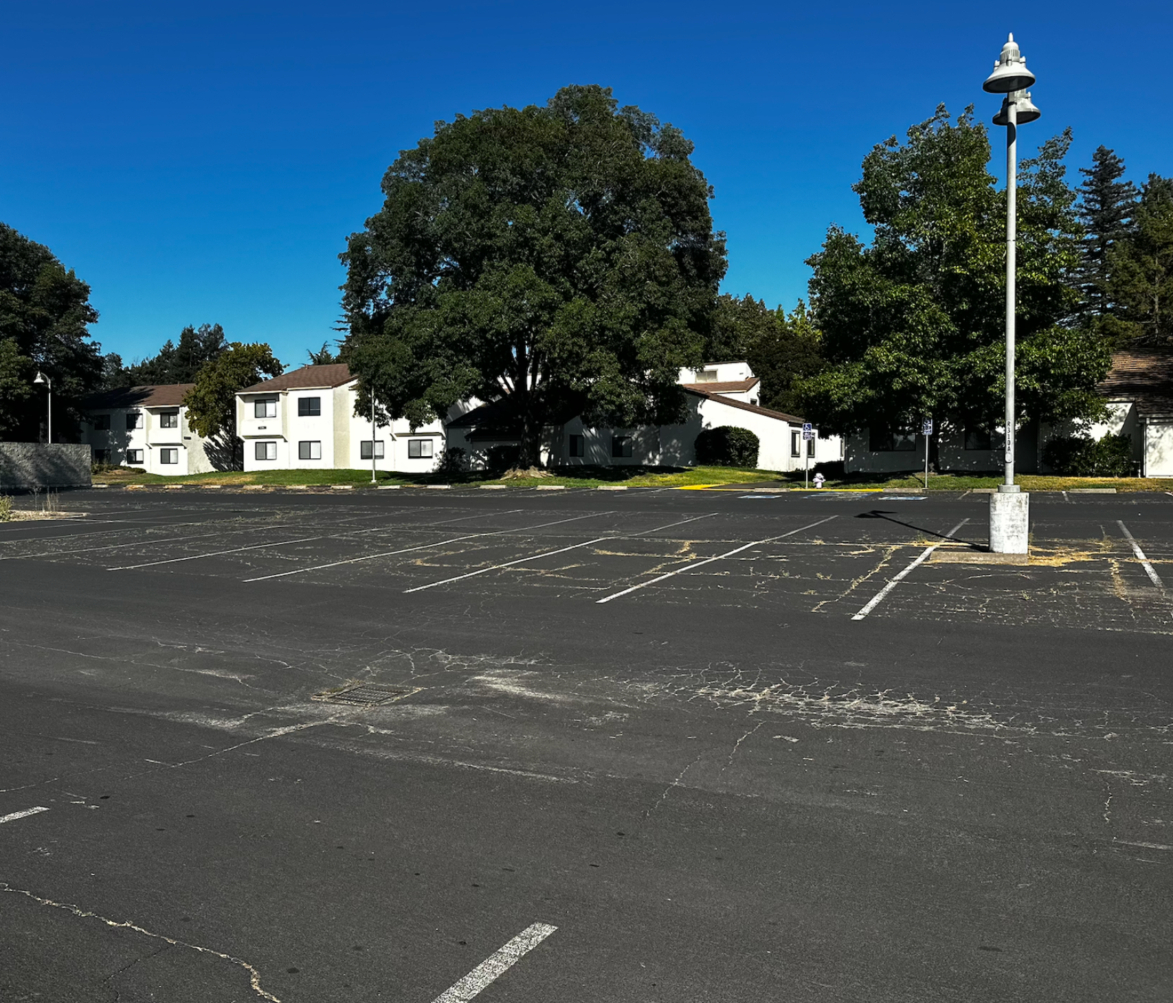 An empty parking lot outside Zinfandel Housing Village