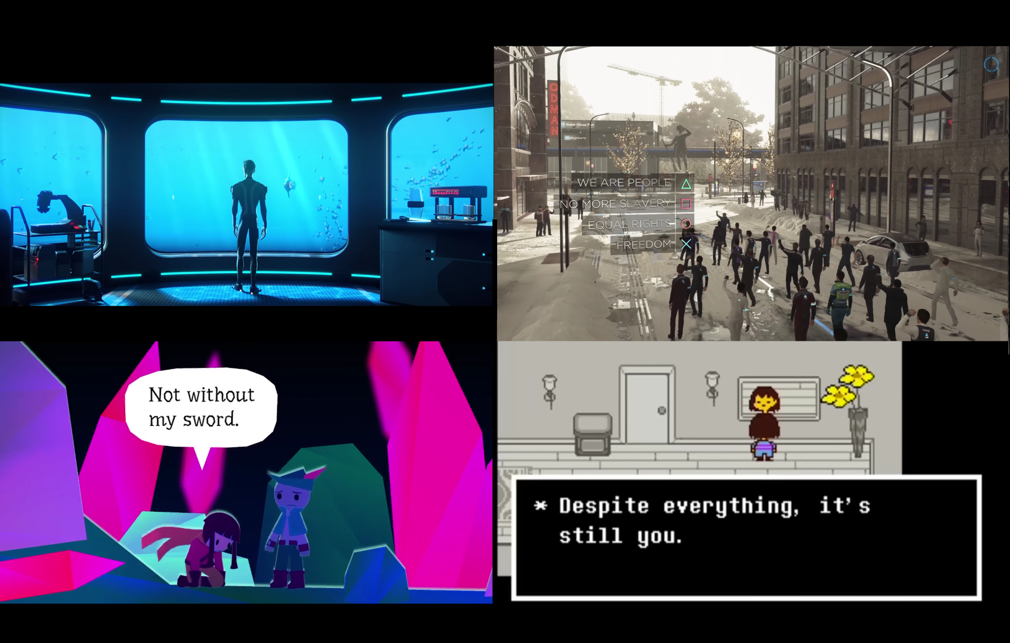 A collage of screenshots from nonviolent games: Subnautica, Wandersong, Detroit Become Human, and Undertale.