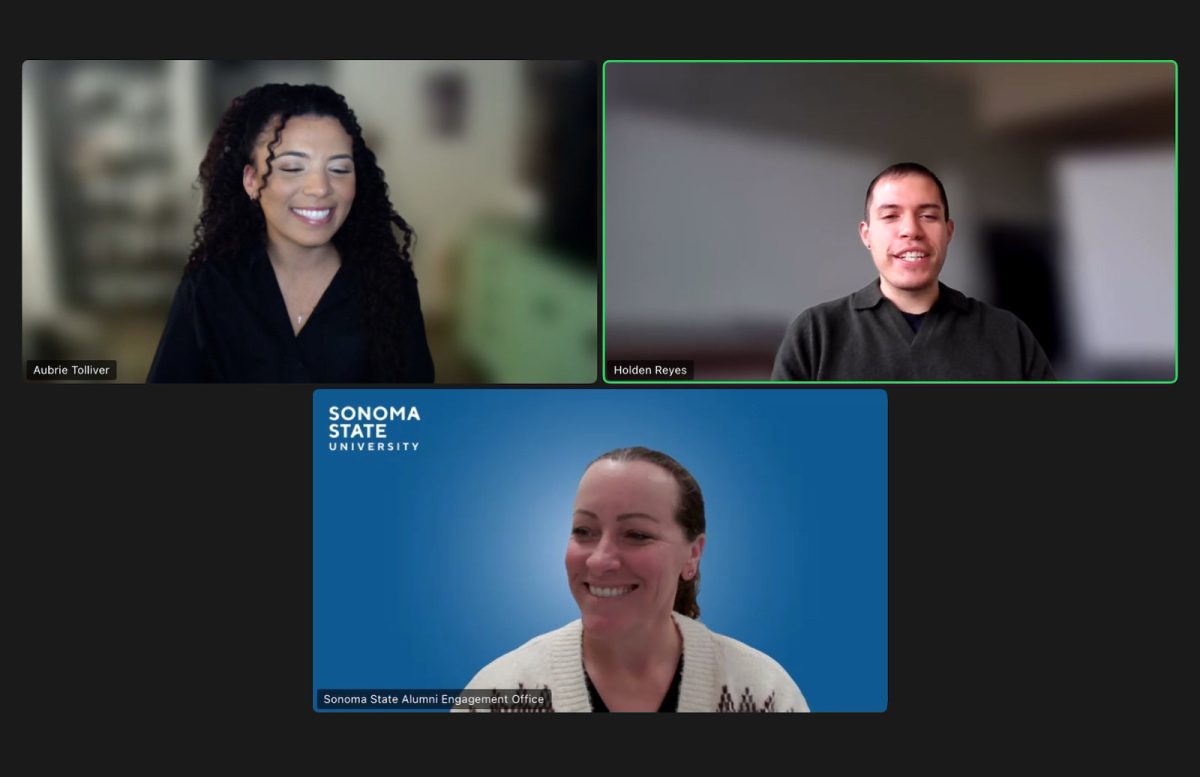 Sonoma State University’s Industry Insights webinar featuring SSU alumni and guest speaker Aubrie Tolliver (left), incoming SSU Alumni Association President Holden Reyes (right), and Jennifer Mannwieler (center), alumni outreach and programs manager at Sonoma State, on Feb. 10, 2026.