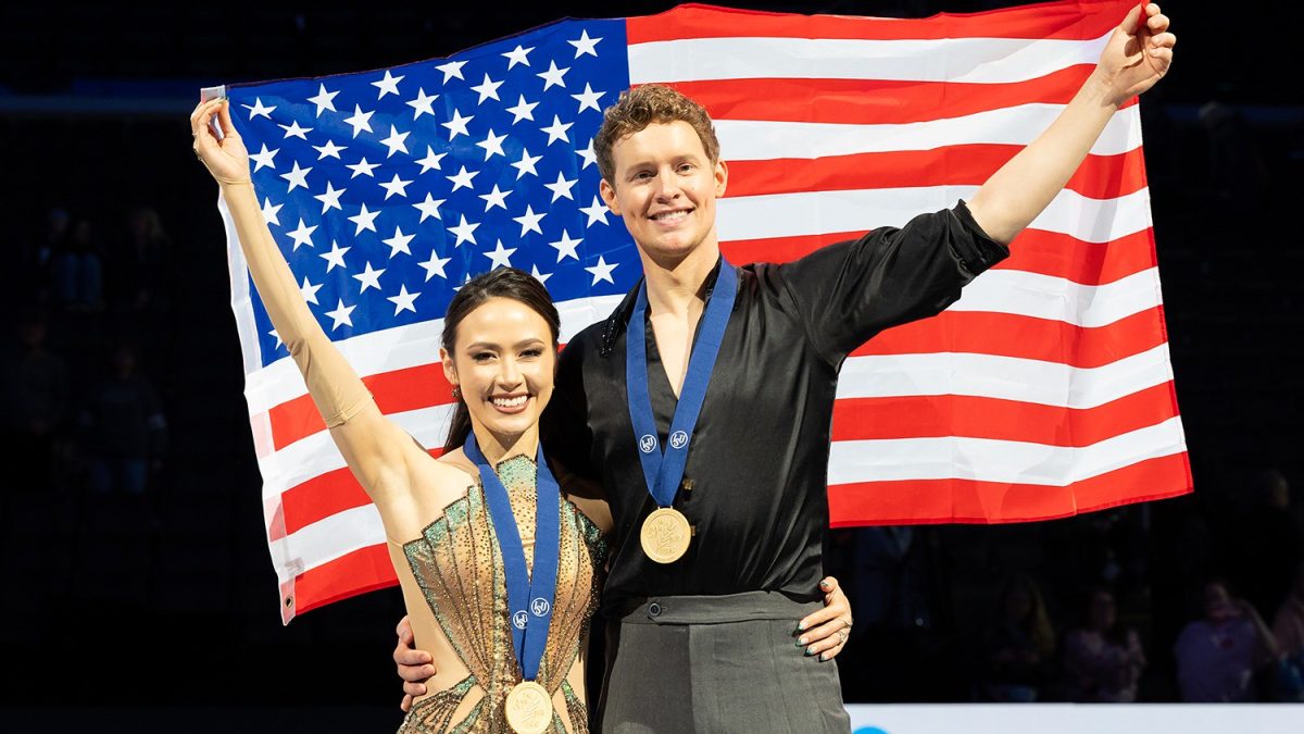 Madison Chock and Evan Bates during a competition, March 30, 2025.