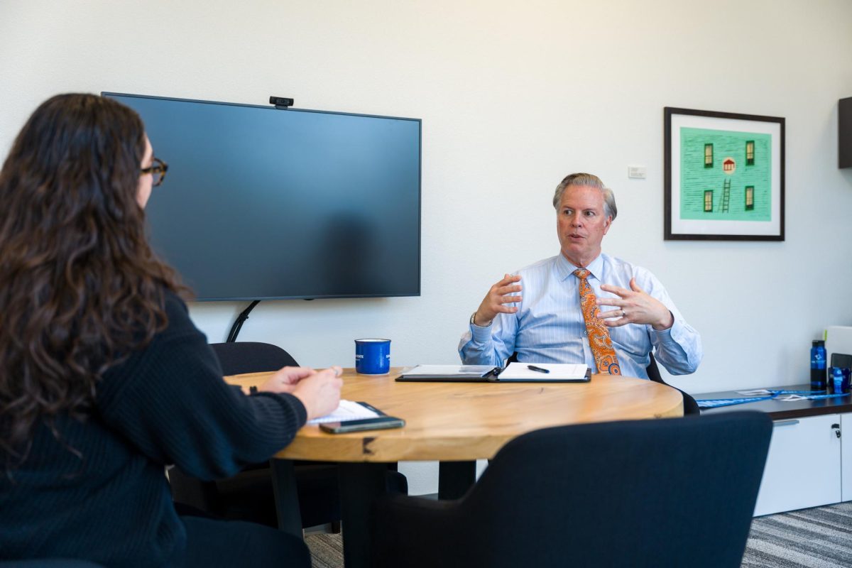 SSU President, Michael Spagna, during an interview with SSU student, Isabella Marquez.