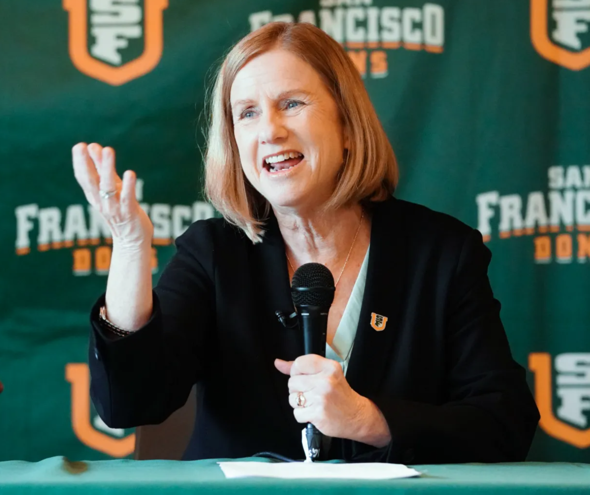 Joan McDermott speaks at a press conference, March 2, 2019 at the University of San Francisco