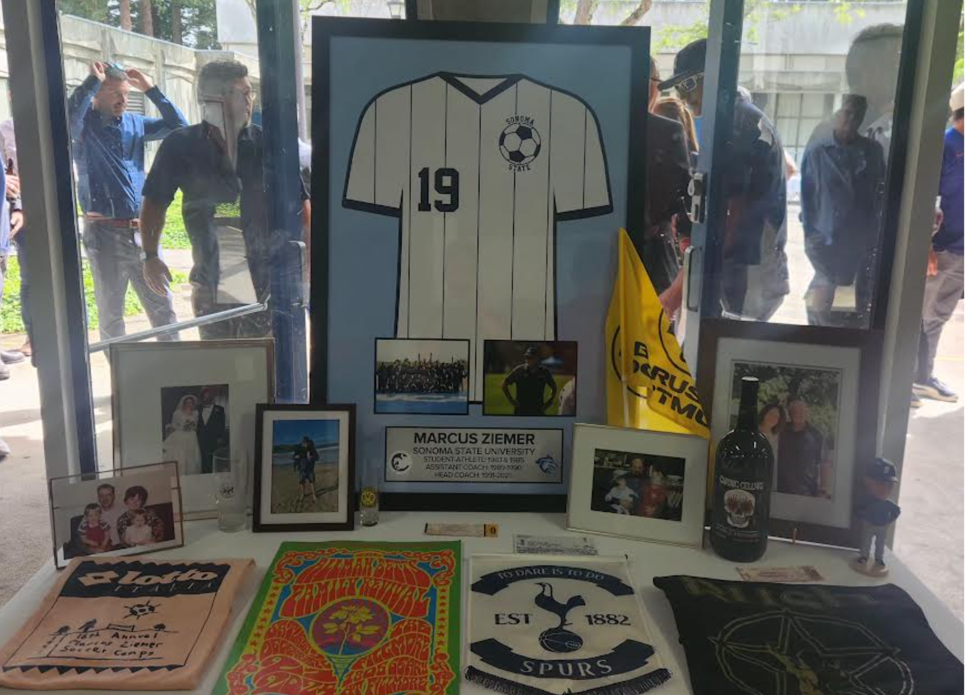 A campus instillation showing memorabilia related to Marcus Ziemer, an SSU soccer coach who passed away this March, 